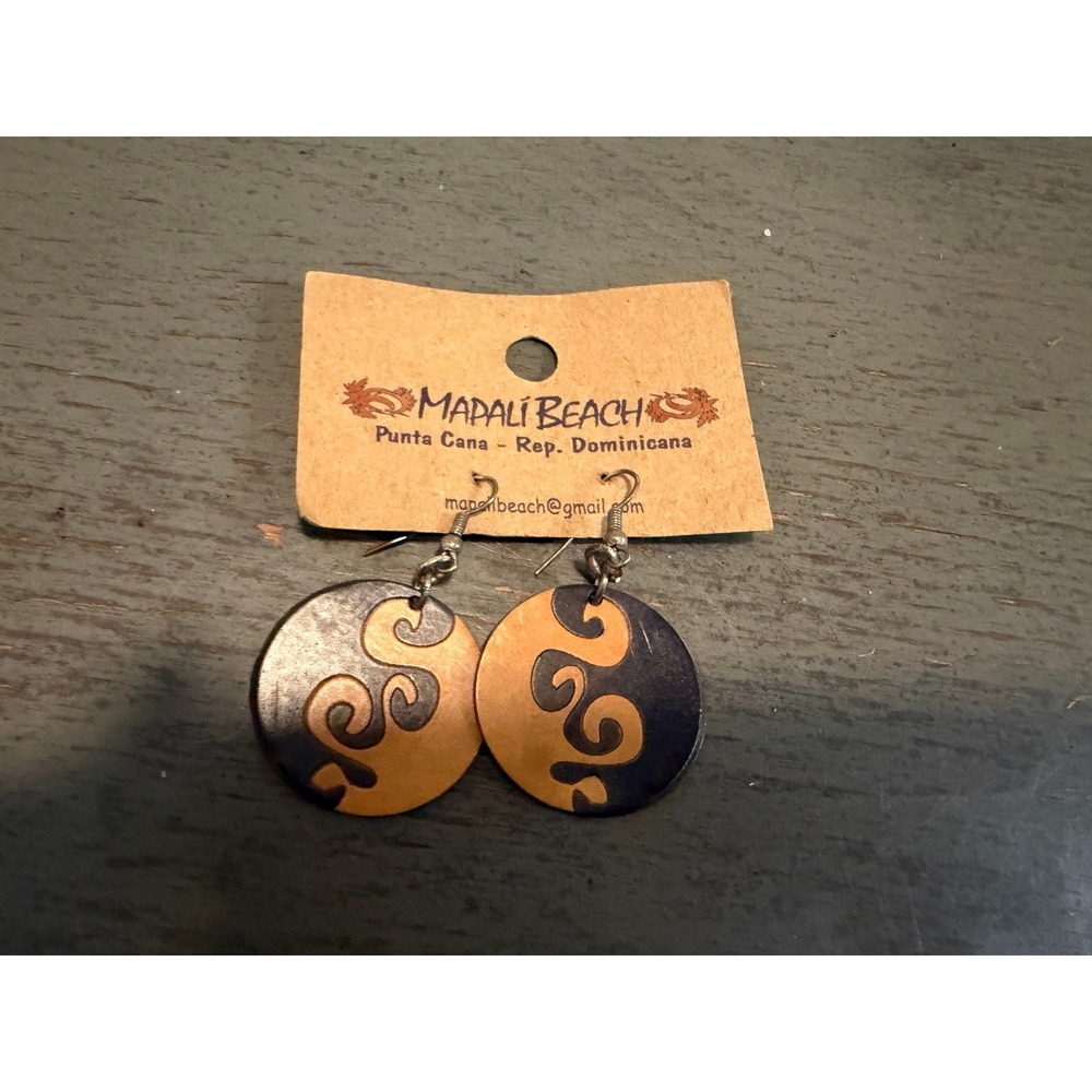 Mapali Brown Wood Circle Drop Earrings Boho Natural Textured Round Dangle New